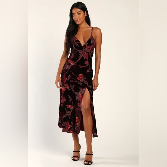 Lulus Divine Allure Burgundy Floral Burnout Velvet Midi Dress M Wedding Party - Picture 2 of 11